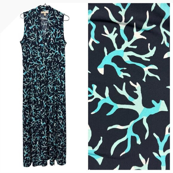 1X Michael Kors Ocean Coral Navy Turquoise Maxi Dress Cruise Beach Summer Knit - Picture 1 of 12
